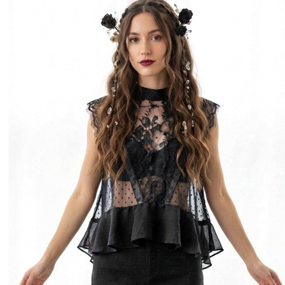 House of Harlow Black Sheer Lace Hanky Top Sz XS Velvet Mock Witchy Fairy Grunge